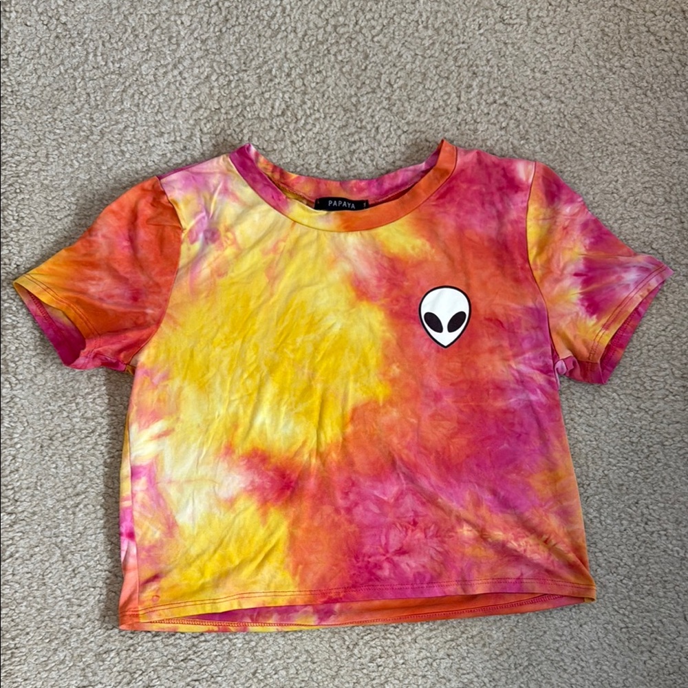 Papaya Women’s Medium Baby Tee Alien Pink and Yellow Tie-Dye